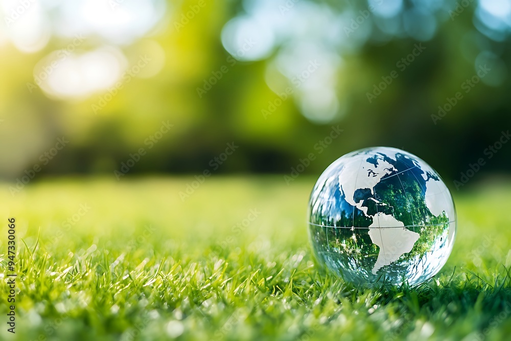 Glass Globe on Green Grass: A Symbol of Sustainability Glass Globe on Green Grass: A Symbol of Sustainability