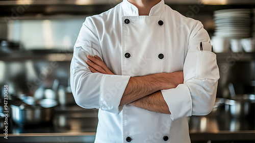 A male chef in a white suit standing confidently with his arms crossed, behind the kitchen. Generative AI illustration 