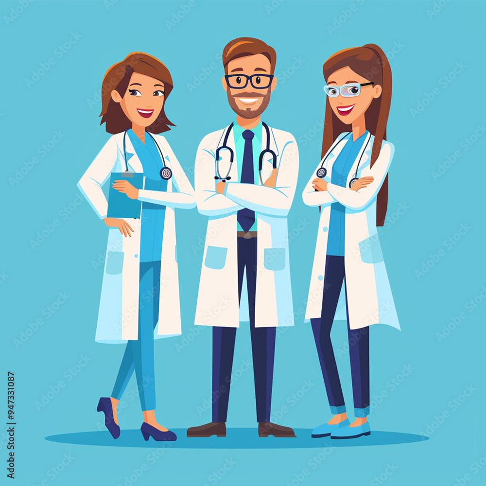 Flat illustration design of a doctor and several medical personnel Flat illustration design of a doctor and several medical personnel