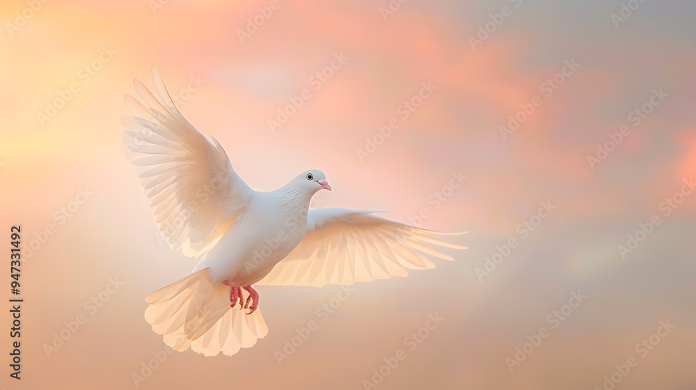 Obraz premium White dove in a serene sky, background suitable for memorials with space for text.