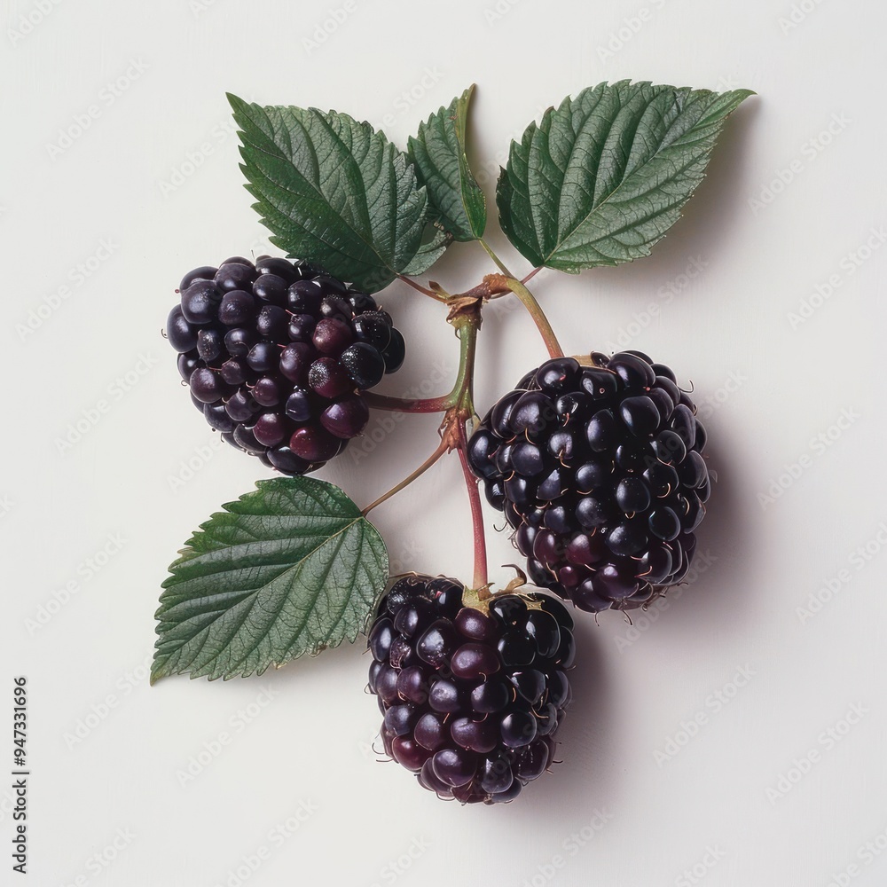 Raspberries growing on a stem with green leaves. Raspberries growing on a stem with green leaves.
