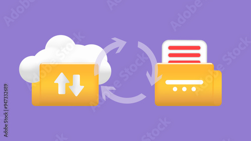 3D Yellow Folder with Files. Cloud Computing, Digital File Synchronization, Organization and Data Transfer Concepts. Vector Illustrations