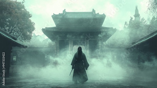 A ninja standing in front of a temple, shrouded in mist and mystery. photo