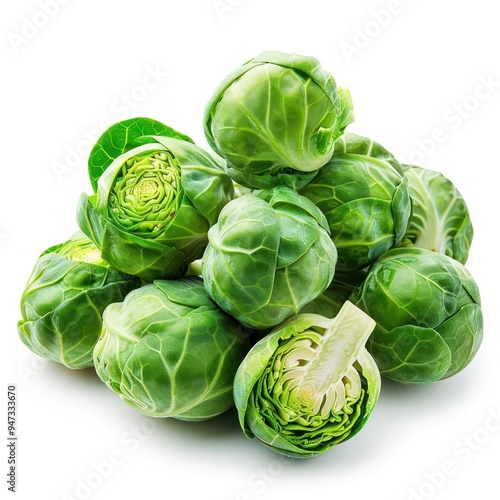 A close-up shot of green and purple brussels sprouts. There are eight sprouts visible in the photo,