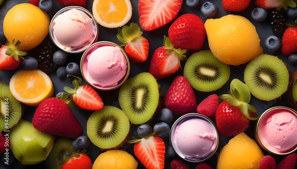 Delight in the colorful harmony of creamy ice cream scoops paired with fresh, juicy fruits—a refreshing treat for the senses Delight in the colorful harmony of creamy ice cream scoops paired with fresh, juicy fruits—a refreshing treat for the senses
