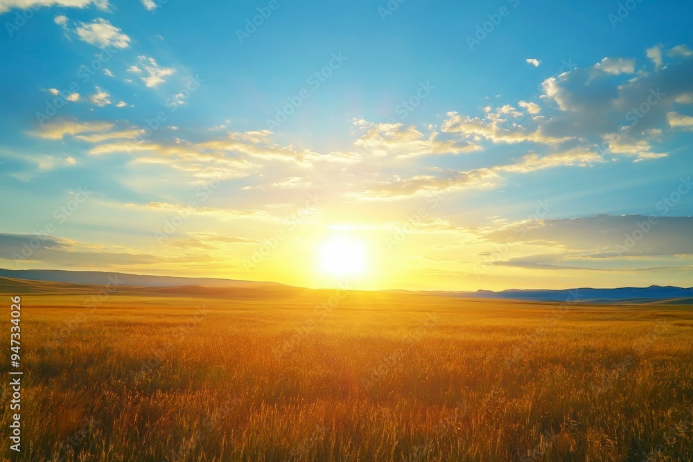 Obraz premium Golden Field with Sun Setting Behind Rolling Hills and Fluffy Clouds
