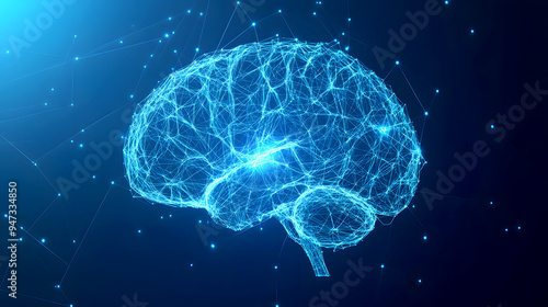 A digital blueprint-style illustration of a human brain, with glowing plexus lines drawn in a wireframe style. The brain is depicted in sharp, angular lines