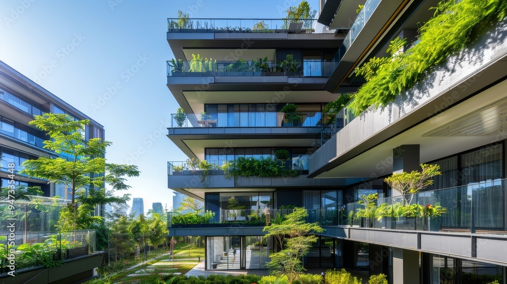 Eco-friendly building. Sustainable office building with garden on balconies for reducing carbon dioxide. Office building with green environment. Corporate building reduce CO2. Net zero building. Eco-friendly building. Sustainable office building with garden on balconies for reducing carbon dioxide. Office building with green environment. Corporate building reduce CO2. Net zero building.