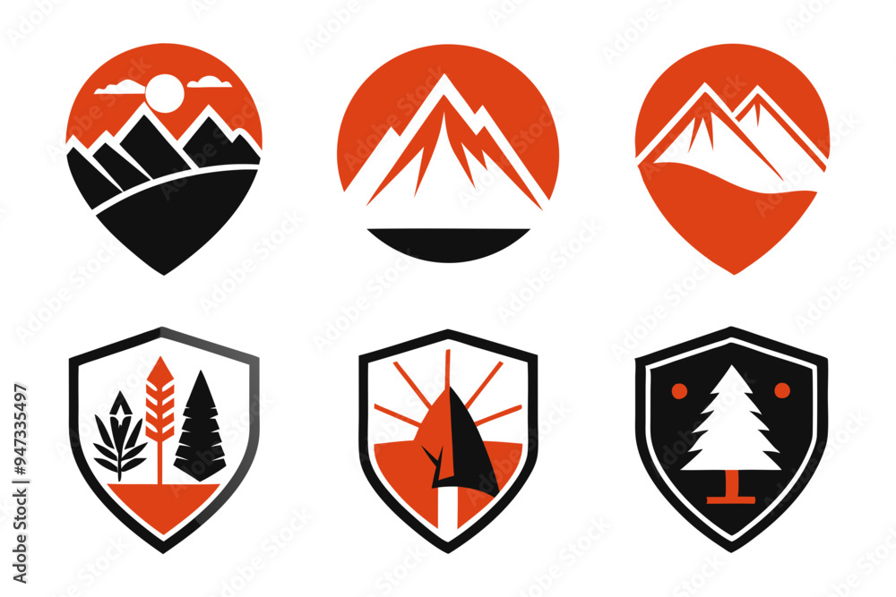 Modern Emblem with Natural Elements: Mountains, Trees, and Water Modern Emblem with Natural Elements: Mountains, Trees, and Water