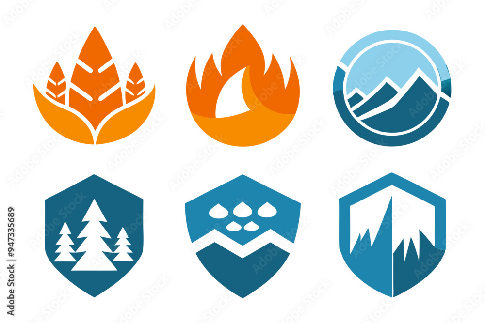 Modern Emblem with Natural Elements: Mountains, Trees, and Water Modern Emblem with Natural Elements: Mountains, Trees, and Water