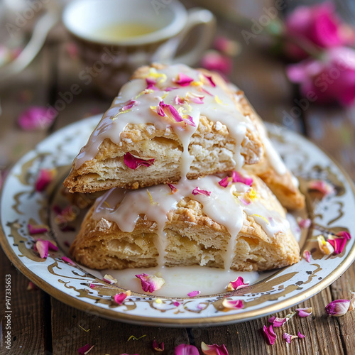 Lemon and rose petals scones. Healthy breakfast with edible flowers. Homemade breakfast recipes. Glazed scones. AI generated food.  photo