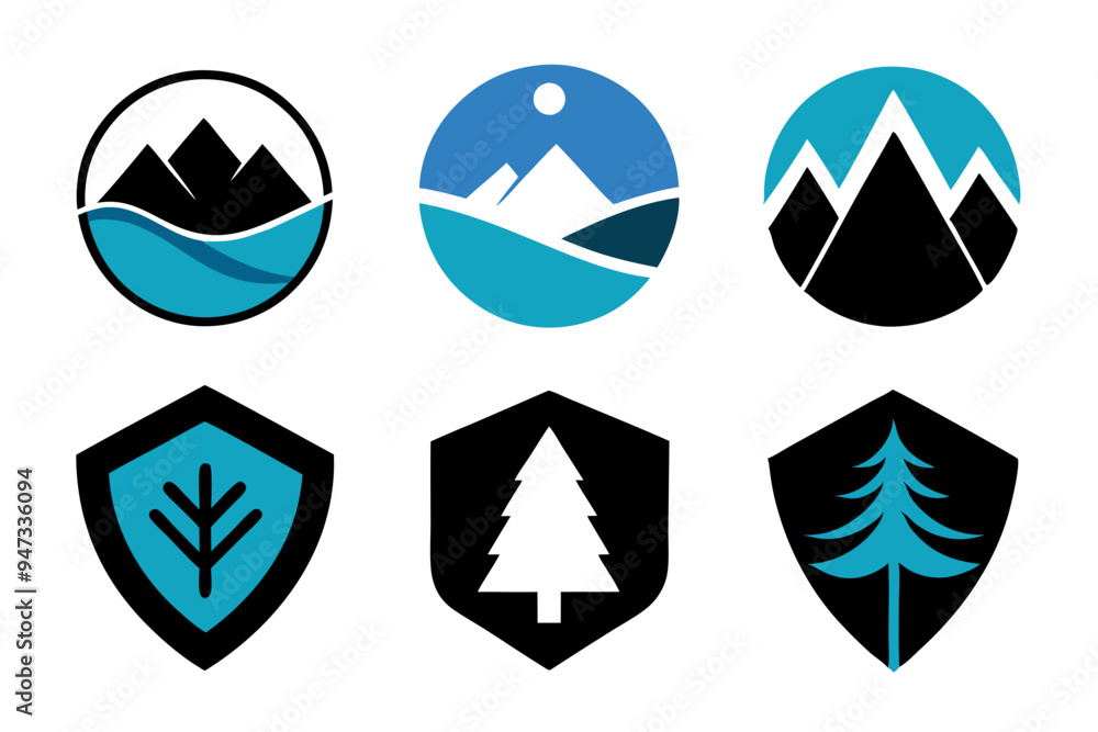 Modern Emblem with Natural Elements: Mountains, Trees, and Water Modern Emblem with Natural Elements: Mountains, Trees, and Water