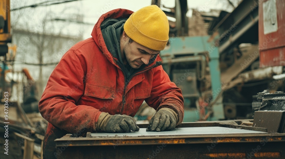Man in a red jacket and yellow hat working on a metal sheet in a scrapyard Man in a red jacket and yellow hat working on a metal sheet in a scrapyard