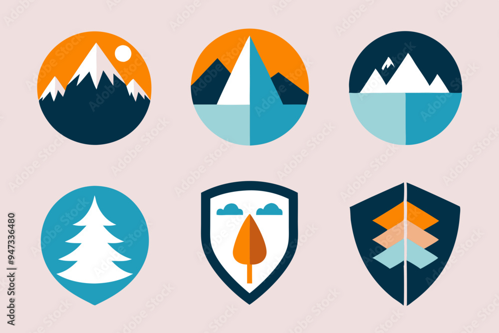 Modern Emblem with Natural Elements: Mountains, Trees, and Water Modern Emblem with Natural Elements: Mountains, Trees, and Water