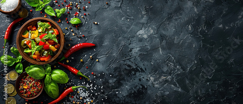 Cooking ingredient and spices in dark background, copy space