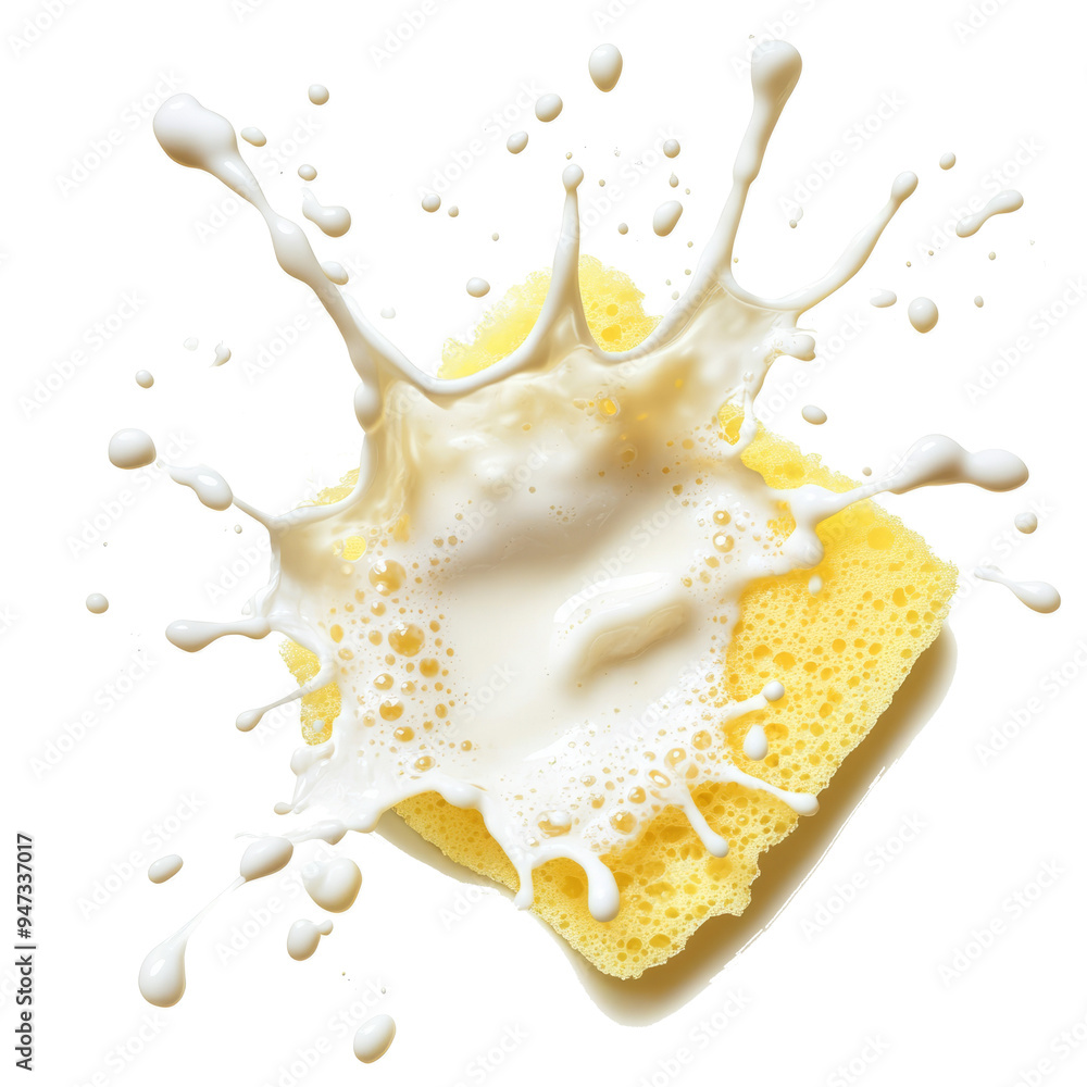 Yellow sponge soaking in a sudsy, white foam splash, cut out Yellow sponge soaking in a sudsy, white foam splash, cut out