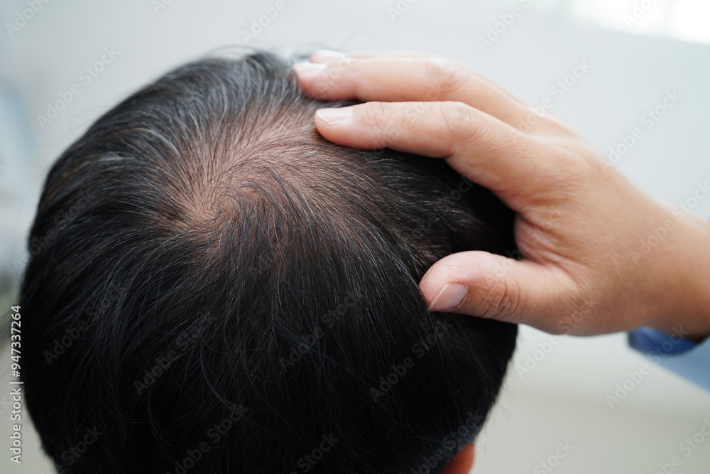 Naklejka premium Bald head in man, hair loss treatment health problem.