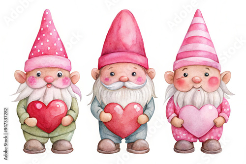 Watercolor illustrations, 3d gnome cute, Valentine, white background

