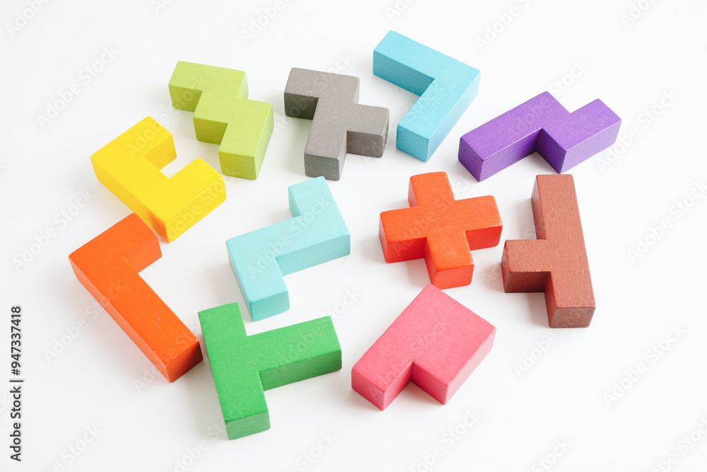 Logical thinking and problem solving problem solution creative business concept, wooden puzzle geometric block shape. Logical thinking and problem solving problem solution creative business concept, wooden puzzle geometric block shape.