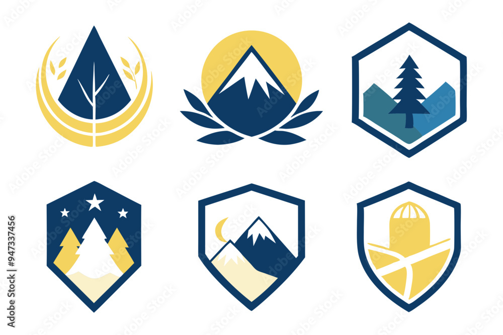 Elegant Emblem Blending Nature and Modern Style: Mountains, Trees, Water Elegant Emblem Blending Nature and Modern Style: Mountains, Trees, Water