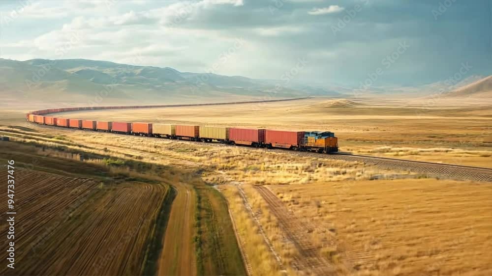 Freight train traversing vast countryside under a cloudy sky, showcasing transportation and industry in a serene natural setting. Freight train traversing vast countryside under a cloudy sky, showcasing transportation and industry in a serene natural setting.