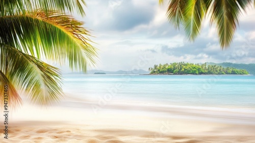 Sandy tropical beach with island on background