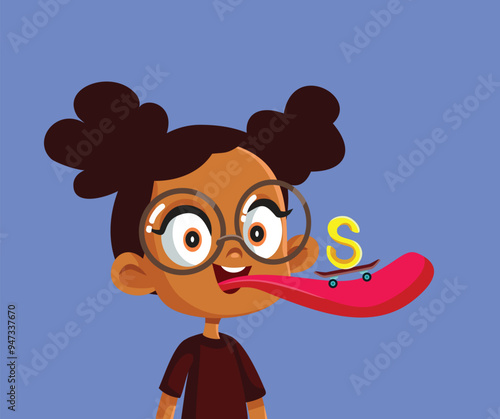 Little Girl Trying to Pronounce the S Sound Vector Cartoon. Happy child correcting her functional speech disorder
 photo