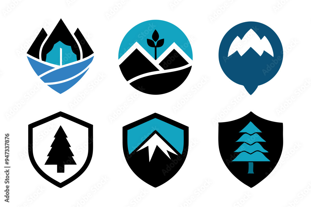 Elegant Emblem Blending Nature and Modern Style: Mountains, Trees, Water Elegant Emblem Blending Nature and Modern Style: Mountains, Trees, Water