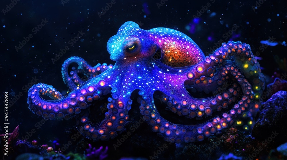 Bioluminescent Octopus in Dark Water Bioluminescent Octopus in Dark Water