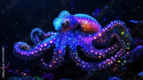 Bioluminescent Octopus in Dark Water