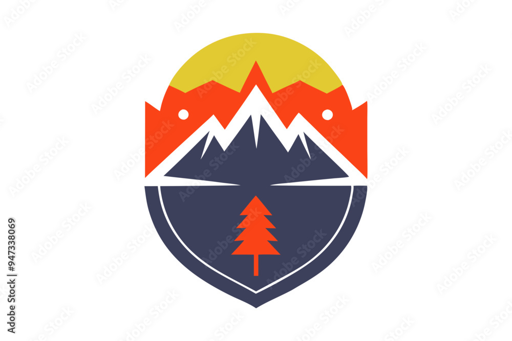 Elegant Emblem Blending Nature and Modern Style: Mountains, Trees, Water Elegant Emblem Blending Nature and Modern Style: Mountains, Trees, Water