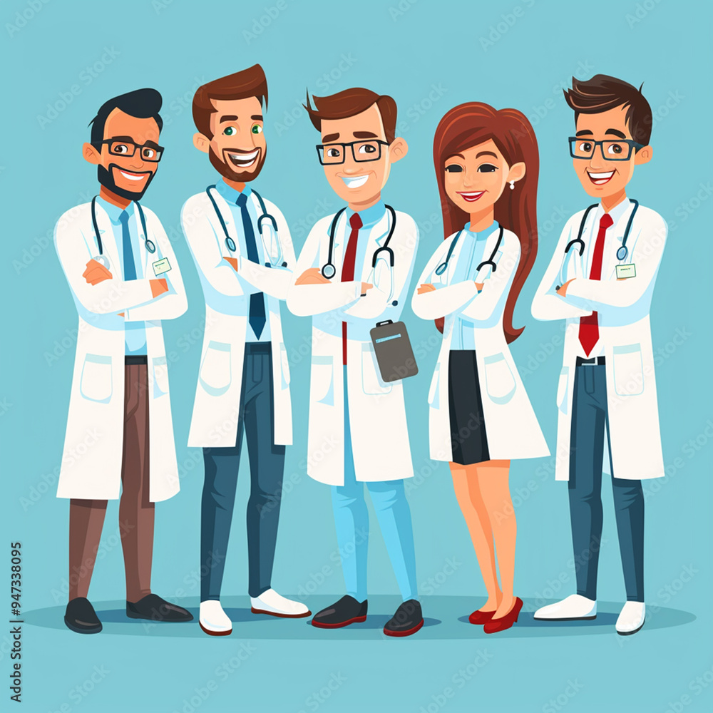 Flat illustration design of a doctor and several medical personnel Flat illustration design of a doctor and several medical personnel