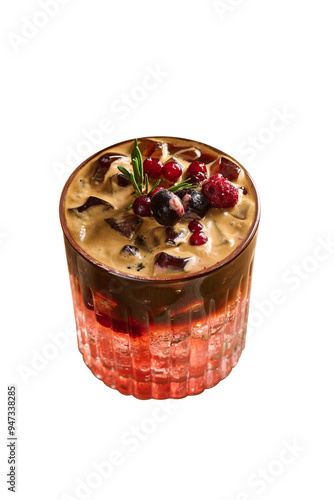 A close-up image of a glass of Coffee mixed with strawberry juice, set against a white background.