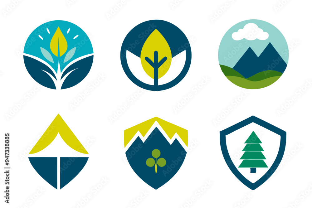 Modern Emblem with Natural Elements: Mountains, Trees, and Water Modern Emblem with Natural Elements: Mountains, Trees, and Water