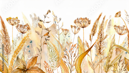 Seamless horizontal pattern with dried wild plants, and flowers,