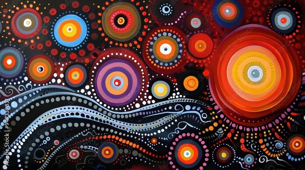 Dreamtime Story of the Land through Australian Aboriginal Dot Painting Style Art Dreamtime Story of the Land through Australian Aboriginal Dot Painting Style Art