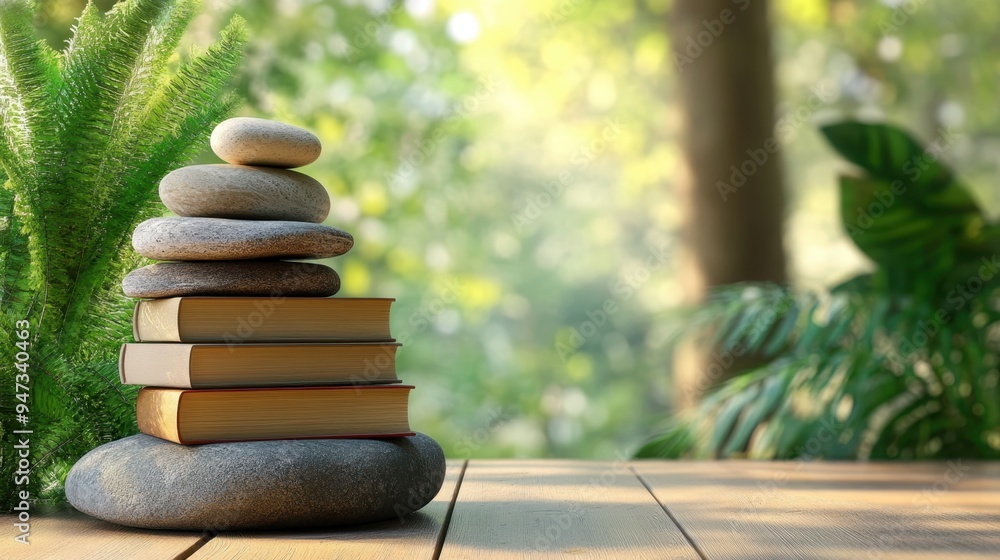 Obraz premium Serene Podium with Mindfulness and Holistic Health Books in Nature Background