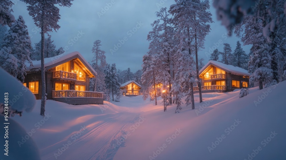 A wide-angle shot of the illuminated cabins at Ningle Terrace, surrounded by snow-covered trees. A wide-angle shot of the illuminated cabins at Ningle Terrace, surrounded by snow-covered trees.