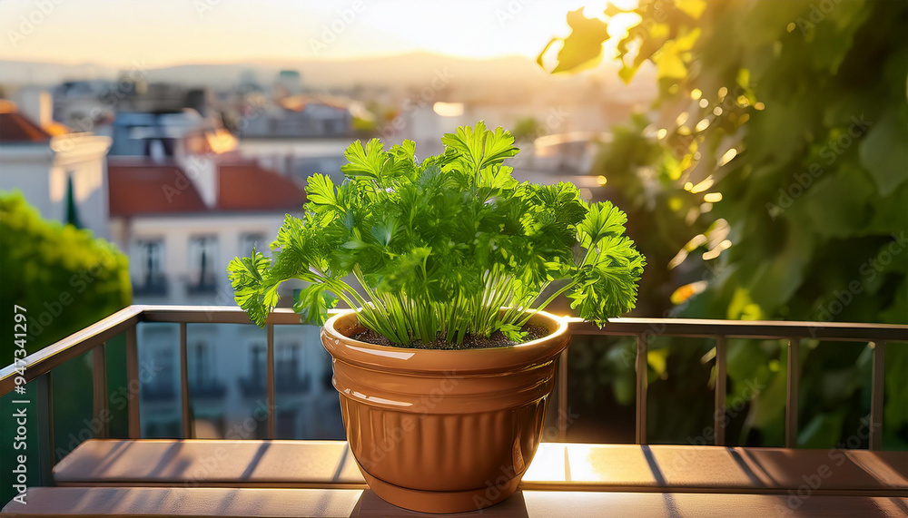 Green Parsley Plant in a Pot on a Sunny Balcony Green Parsley Plant in a Pot on a Sunny Balcony