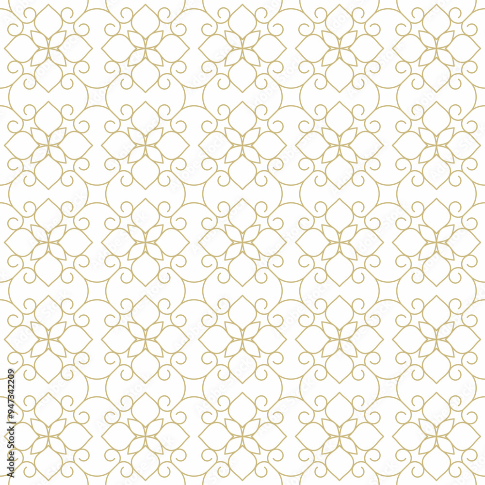 Fototapeta premium Seamless pattern with flower shapes consisting of intertwined golden thin lines on a white background. Suitable for various creative projects or decorative elements.