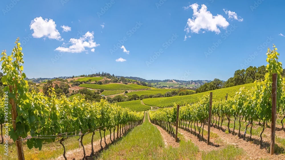 Naklejka premium Vineyard Landscape with Rows of Grapevines and Blue Sky
