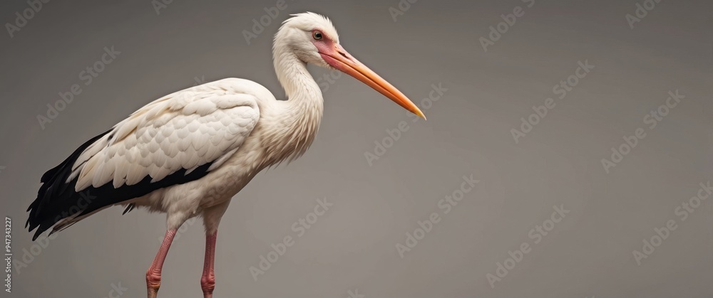 Fototapeta premium White Stork with Black and White Wing Feathers and Long Orange Beak