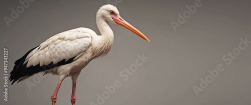 White Stork with Black and White Wing Feathers and Long Orange Beak photo