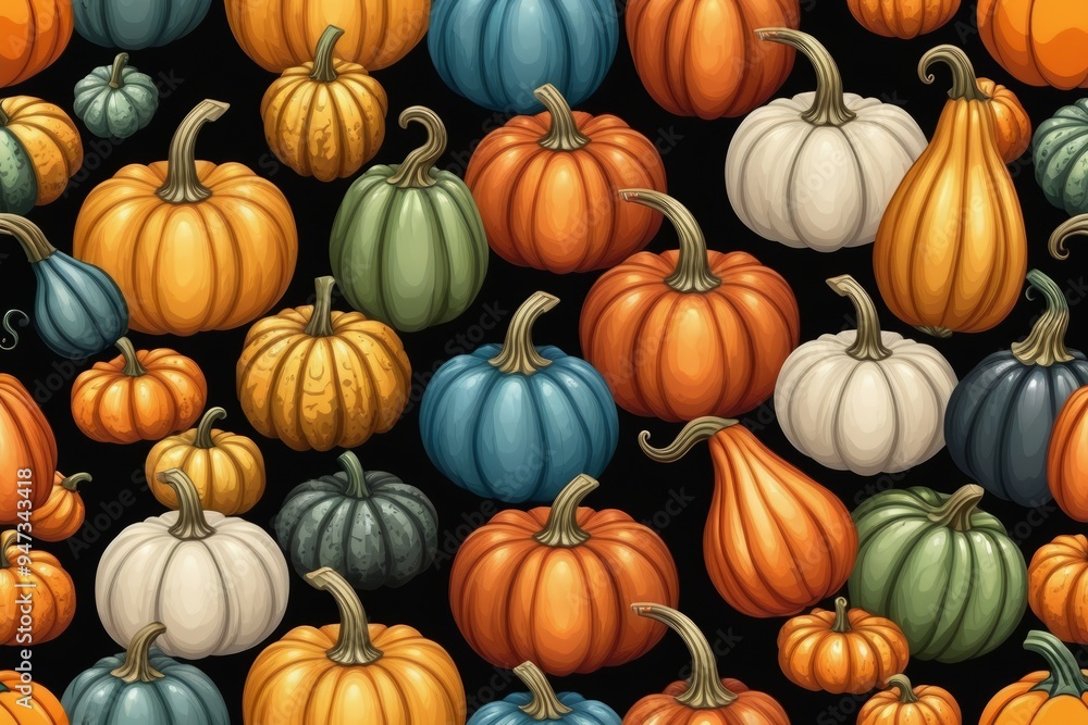 Seamless pattern with many color pumpkins Seamless pattern with many color pumpkins