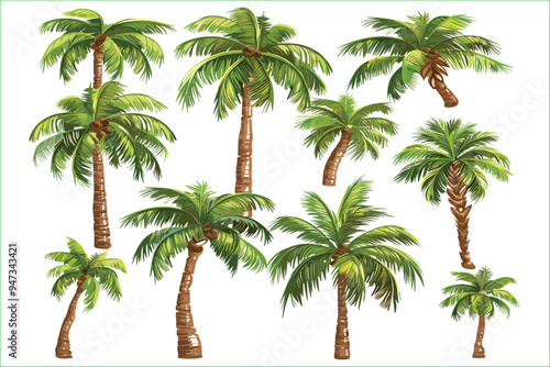 Set of watercolor coconut trees isolated on a white background. Isolated white background with palm tree, tropical plants, and hand drawn leaves. Watercolor botanical illustration. Palm Trees, Summer