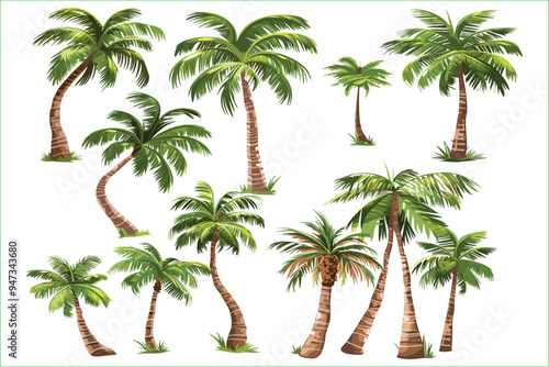 Set of watercolor coconut trees isolated on a white background. Isolated white background with palm tree, tropical plants, and hand drawn leaves. Watercolor botanical illustration. Palm Trees, Summer