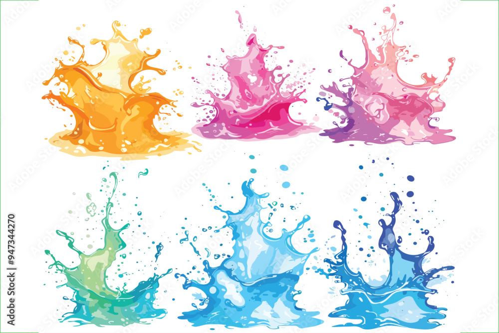 Set of different color water explosions isolated on a white background. Watercolor Background. Multi colored splash on white background. 