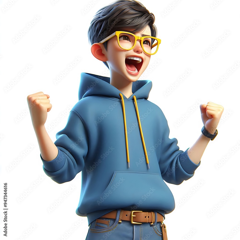 Happy man person successful fists up 3d style cartoon character on white background. Winner young adult male victory celebration Happy man person successful fists up 3d style cartoon character on white background. Winner young adult male victory celebration
