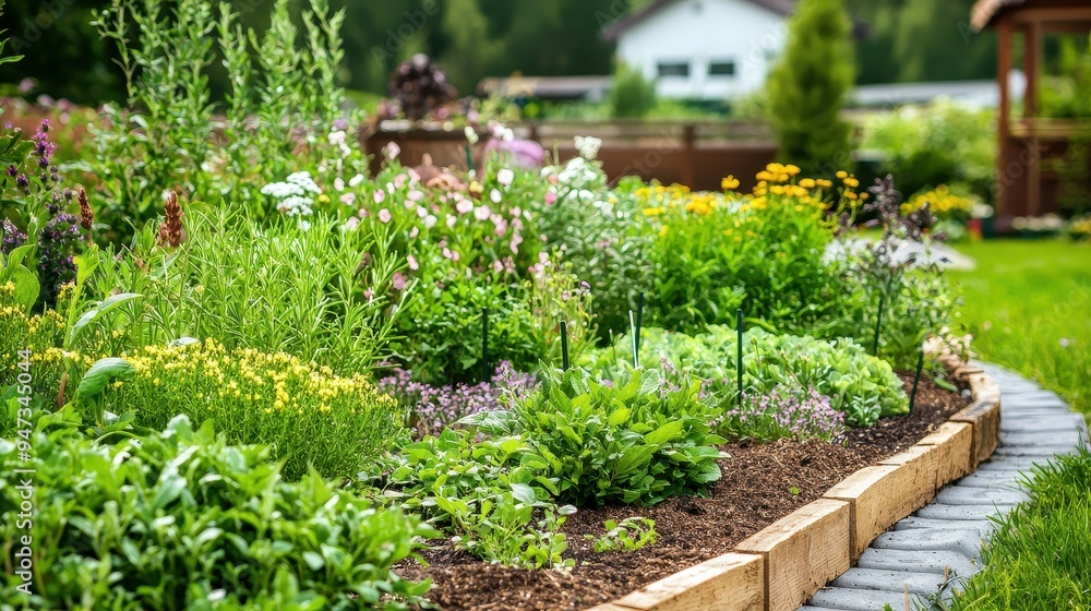 Lush Green Garden Bed with Wooden Border and Stone Path Lush Green Garden Bed with Wooden Border and Stone Path
