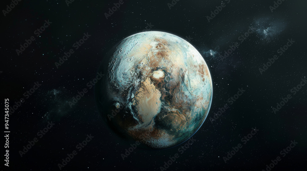 Fototapeta premium Detailed artistic depiction of a distant planet in space, showcasing surface textures and cosmic surroundings.